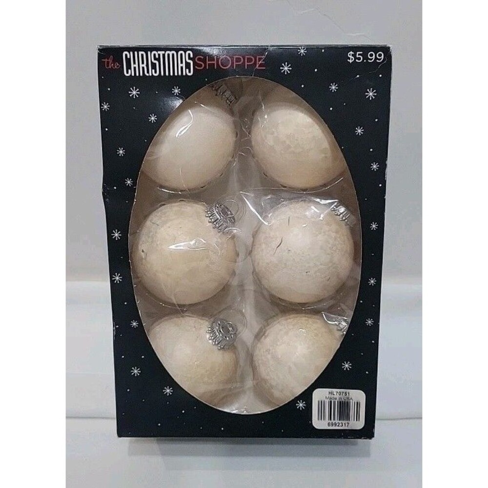 Vintage Christmas Shoppe Ivory White Mache Glass Ornaments Balls 2.64" Set Of 6